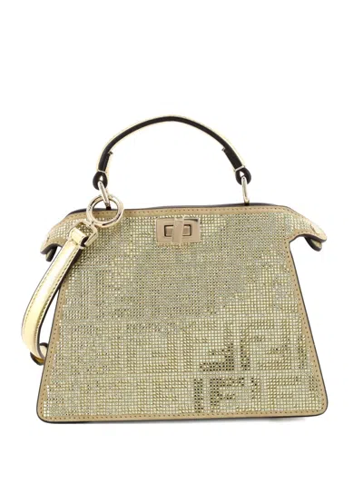 Pre-owned Fendi Peekaboo Iseeu Bag Zucca Crystal Embellished Suede Petite Satchel In Gold