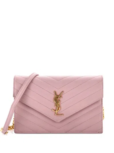 Pre-owned Saint Laurent Classic Monogram Wallet On Chain Matelasse Chevron Leather Small Crossbody Bag In Pink