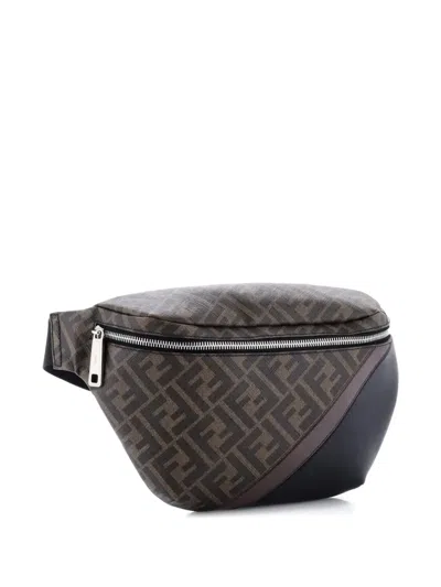 Pre-owned Fendi Zip Zucca Coated Canvas And Leather Belt Bag In Black