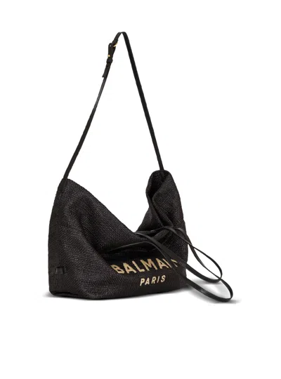 Balmain Track Tote Bag In Raffia And Calfskin In Black