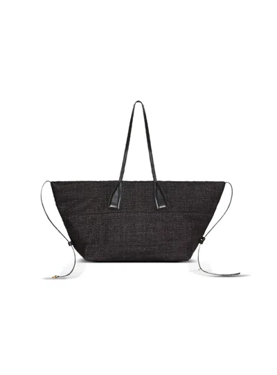 Balmain Track Tote Bag In Raffia And Calfskin In Black