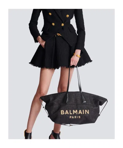 Balmain Track Tote Bag In Raffia And Calfskin In Black