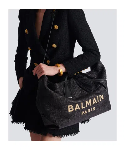 Balmain Track Tote Bag In Raffia And Calfskin In Black