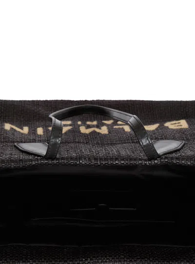 Balmain Track Tote Bag In Raffia And Calfskin In Black