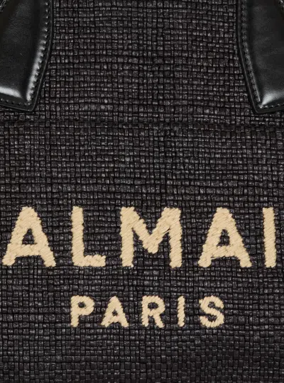 Balmain Track Tote Bag In Raffia And Calfskin In Black