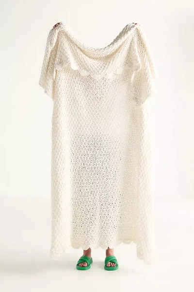 Anthropologie Zora Cotton Scallop Edge Knit Throw Blanket In White
