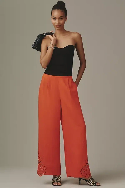 Ranna Gill Linen Blend Embroidered Wide-leg Pants In Orange
