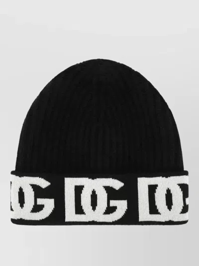 Dolce & Gabbana Cashmere Blend Ribbed Knit Logo Beanie In Black