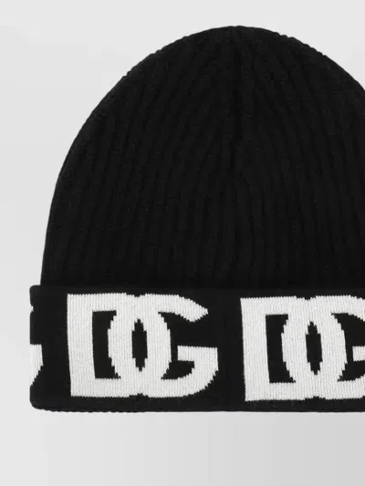 Dolce & Gabbana Cashmere Blend Ribbed Knit Logo Beanie In Black