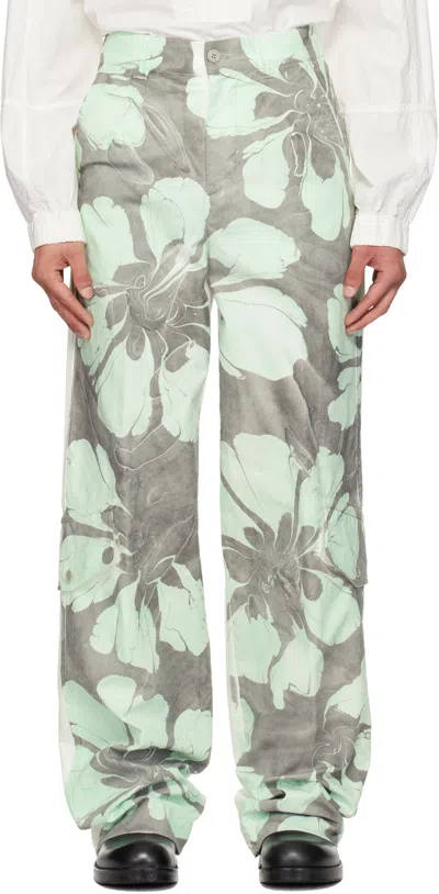 Dries Van Noten Gray & Green Floral Cargo Pants In Gray
