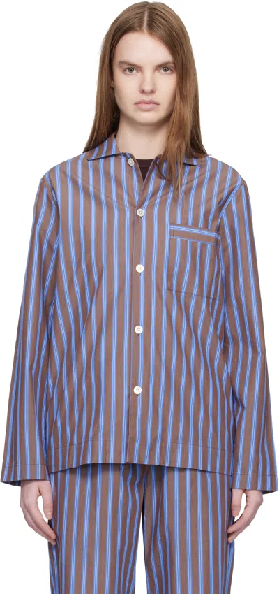 Tekla Brown & Blue Poplin Long-sleeved Pyjama Shirt In Multi