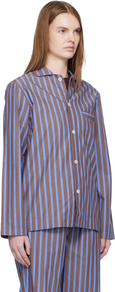 Tekla Brown & Blue Poplin Long-sleeved Pyjama Shirt In Multi