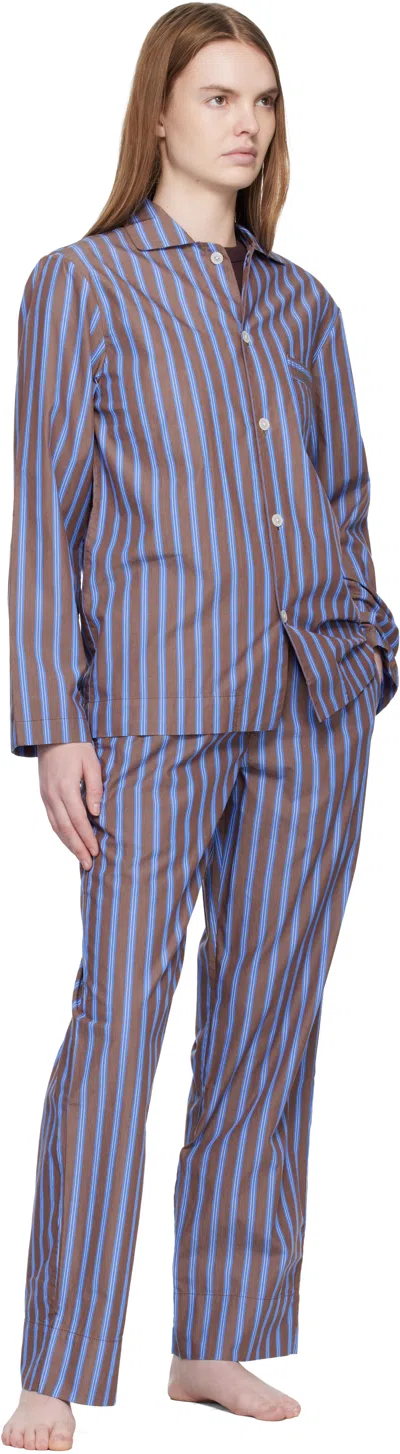 Tekla Brown & Blue Poplin Long-sleeved Pyjama Shirt In Multi
