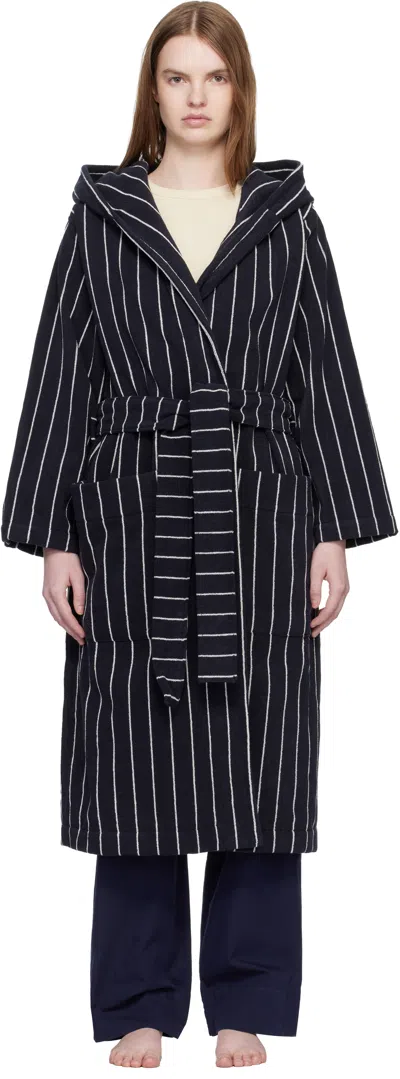 Tekla Black & White Terry Hooded Bathrobe In Blue