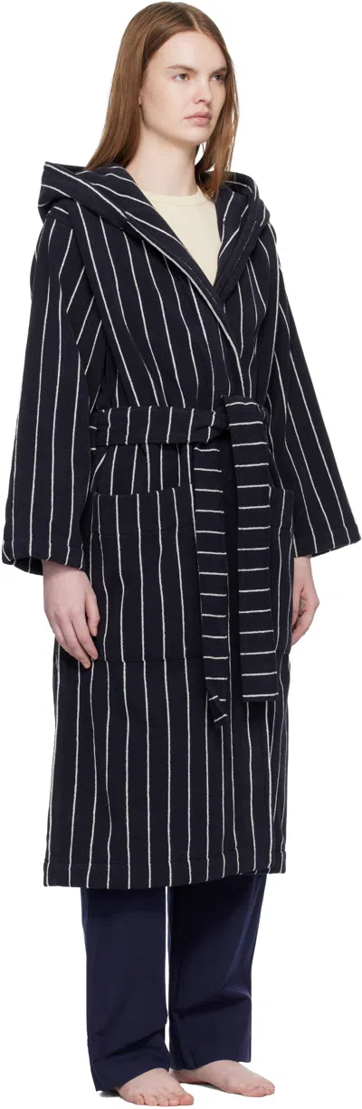 Tekla Black & White Terry Hooded Bathrobe In Blue