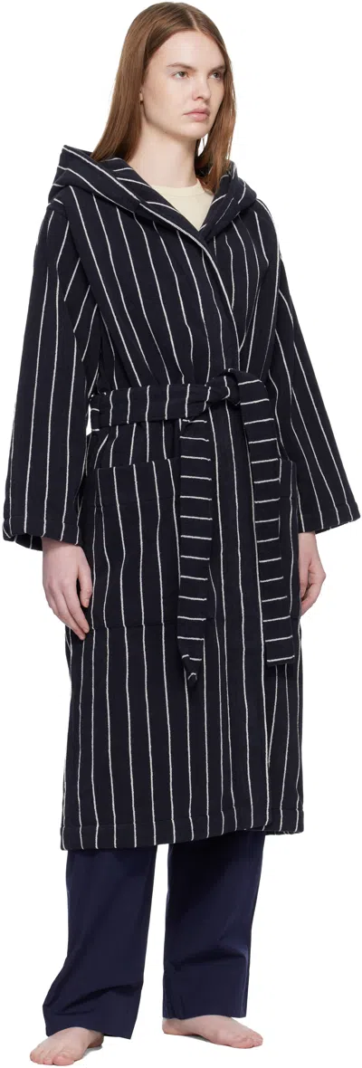 Tekla Black & White Terry Hooded Bathrobe In Blue