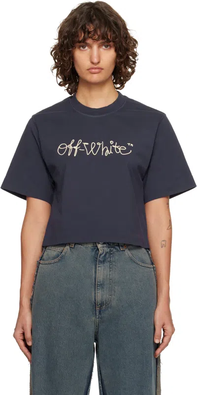 Off-white Navy Embroidered Script Logo Crop Logo T-shirt In Blue