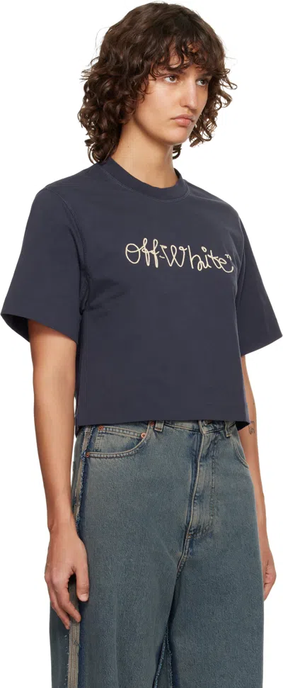 Off-white Navy Embroidered Script Logo Crop Logo T-shirt In Blue