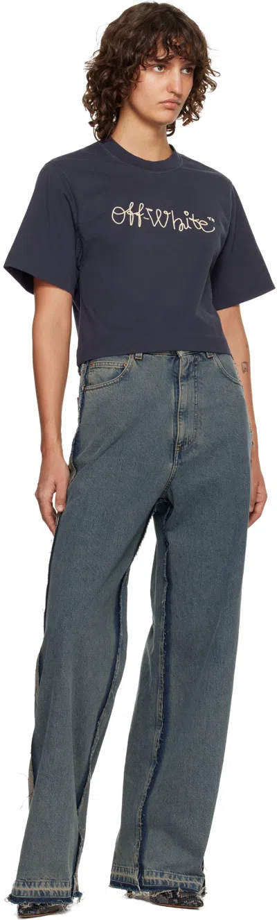 Off-white Navy Embroidered Script Logo Crop Logo T-shirt In Blue