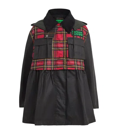 Barbour X Ganni Waxed Tartan Peplum Coat In Black