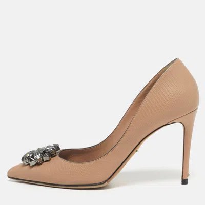 Pre-owned Dolce & Gabbana Bellucci Size 40 Beige Lizard Embossed Leather Pumps In Sand