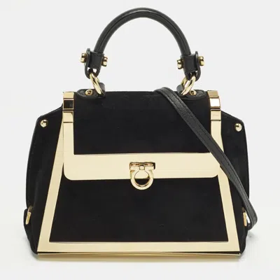 Pre-owned Ferragamo Sofia Mini Black/gold Suede And Metal Top Handle Bag