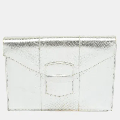 Pre-owned Oscar De La Renta Silver Snakeskin Embossed Leather Flap Clutch