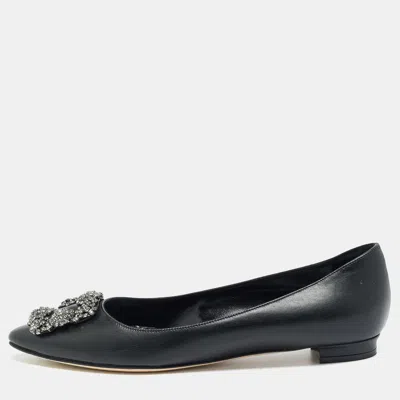 Pre-owned Manolo Blahnik Hangisi Size 37.5 Black Leather Ballet Flats