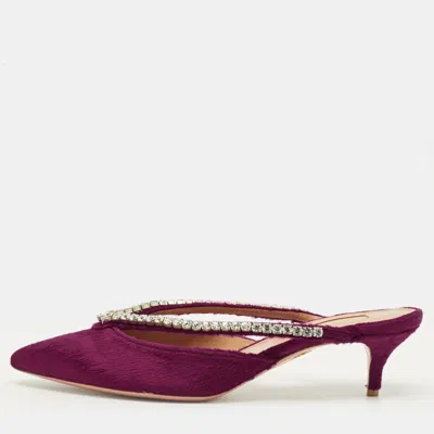 Pre-owned Aquazzura Sabine Size 38 Burgundy Velvet Crystal Embellished Mules