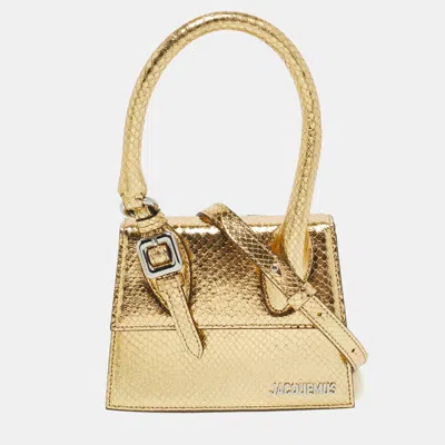 Pre-owned Jacquemus Le Chiquito Moyen Boucle Gold Snakeskin Embossed Patent Leather Top Handle Bag