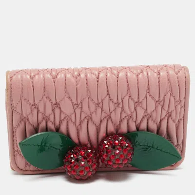 Pre-owned Miu Miu Crystal Embellished Pink Matelassé Leather Flap Card Case