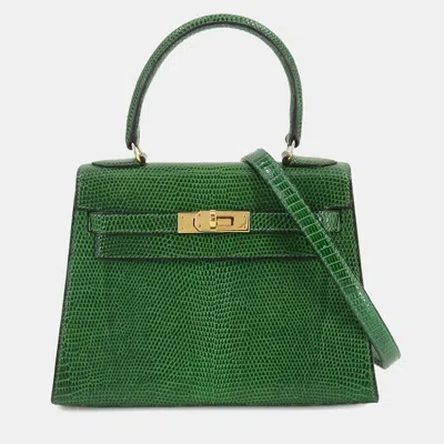 Pre-owned Hermes Mini Kelly Shoulder Bag Lizard Verre Moyen In Green