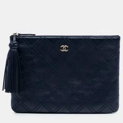 Pre-owned Chanel Blue Medium Quilted Lambskin Double Stitch Tassel O Case Clutch