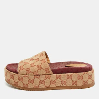 Pre-owned Gucci Gg Size 39 Burgundy/beige Canvas Platform Slide Sandals