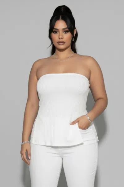 Truedames Plus Strapless Ribbed Side-slit Flare Top In White