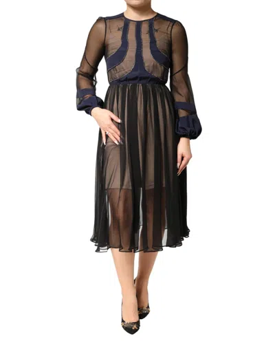Pre-owned N°21 N.21 Long Sleeves Sheer Silk Sheath A-line Midi Women's Dress () In Blue