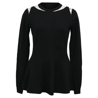 Oscar De La Renta Illusion Cutout Peplum Sweater In Black Wool In Black