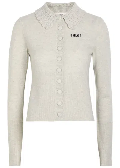 Chloé Wool Cardigan Logo Long Sleeves Scalloped Collar In Gray
