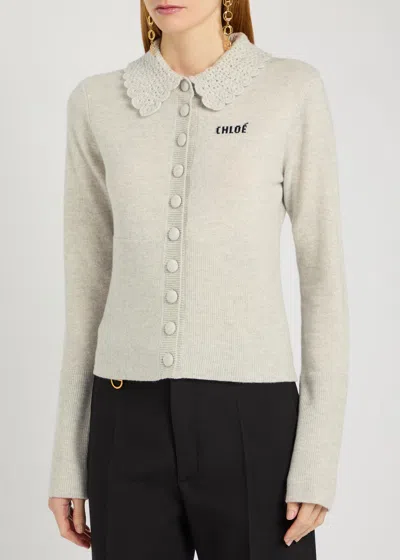 Chloé Wool Cardigan Logo Long Sleeves Scalloped Collar In Gray