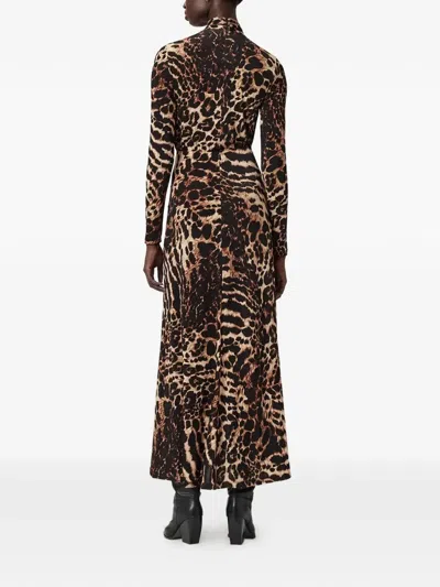Allsaints Womens Mina Leopard-print Ruched-front Stretch-jersey Midi Dress Pardus Honey B In Multi