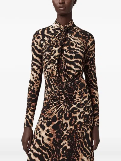 Allsaints Womens Mina Leopard-print Ruched-front Stretch-jersey Midi Dress Pardus Honey B In Multi
