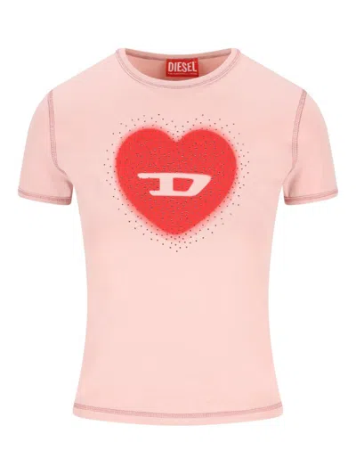 Diesel Women Pink Crew Neck T-shirt With Front Print And Beaded Details In Cotton Woman In Gold