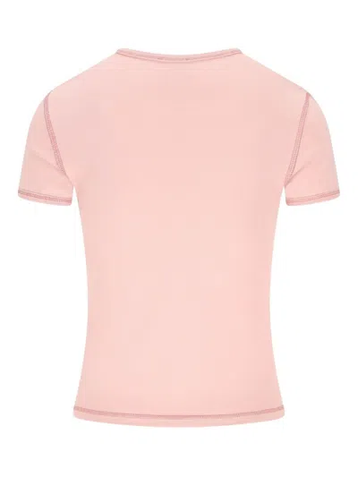 Diesel Women Pink Crew Neck T-shirt With Front Print And Beaded Details In Cotton Woman In Gold