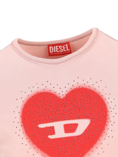 Diesel Women Pink Crew Neck T-shirt With Front Print And Beaded Details In Cotton Woman In Gold