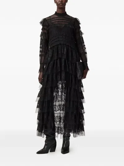 Allsaints Womens Cavarly High-neck Long-sleeve Woven Maxi Dress Lace Black