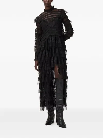 Allsaints Womens Cavarly High-neck Long-sleeve Woven Maxi Dress Lace Black