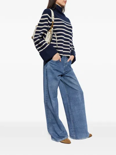 Rag & Bone Stripe Wool Cuff Sleeve Funnel Neck Sweater In Blue
