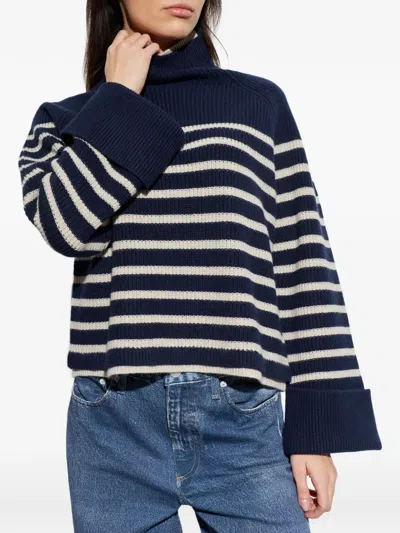 Rag & Bone Stripe Wool Cuff Sleeve Funnel Neck Sweater In Blue