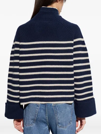 Rag & Bone Stripe Wool Cuff Sleeve Funnel Neck Sweater In Blue