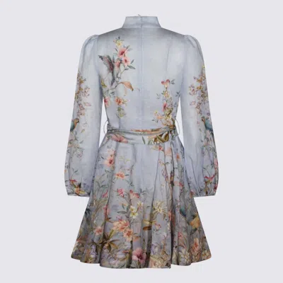 Zimmermann Rebellion Multicolor Midi Dress With Bow Detail On The Front And All-over Floral Print In Linen Woma In Blue